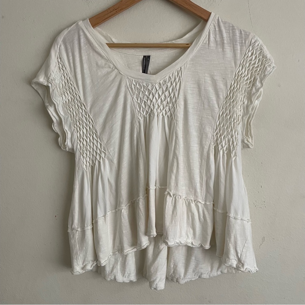 Anthropologie Smocked V-Neck Swing Top White XS Boho Oversized Cropped Relaxed - Picture 2 of 6